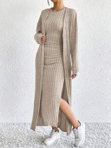 Women Long Sleeve Long Cardigan And Side Slit Sleeveless Dress Knit 2 Pieces Set - Apricot - View 3