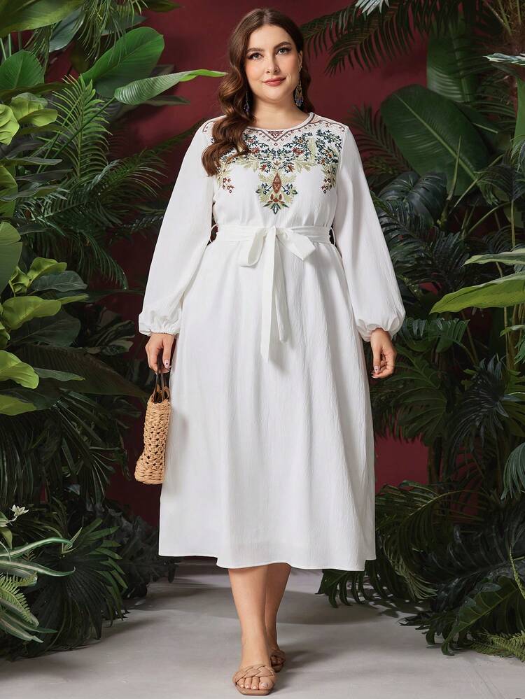 Plus Size Floral Embroidery Lantern Sleeve Dress Fall Cloth For Women