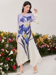 Mulvari Damen Gradient Blumen Muster Kleid Mit Kerb Kragen