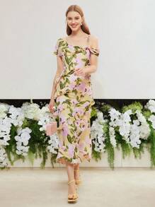 MOTF PREMIUM Vestido Estampado De Flores Con Ribete De Volantes Tejido - Multicolor - Ver 5