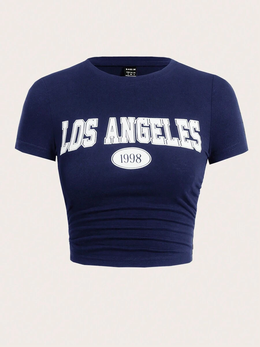 SHEIN EZwear 女士短袖字母印花t恤 - 藏蓝色 - 查看 1