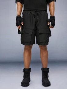 Manfinity VCAY Loose Men's Drawstring Waist Cargo Shorts With Flap Pocket And Tape Decoration - Black - View 1
