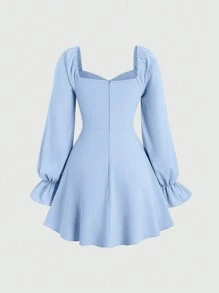 Sweetra Women's Sweetheart Neckline & Ruffled Long Sleeve Dress - Blue - View 2