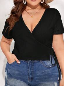 SHEIN VCAY Plus Size Solid Color Wrapped Tie T-Shirt - Black - View 5