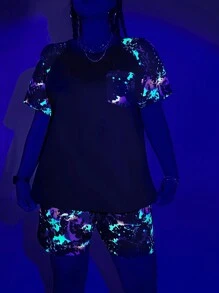 SHEIN Coolane 女士大尺碼彩色油漆潑濺圖案 T 恤和短褲套裝 - 彩色 - 查看 6
