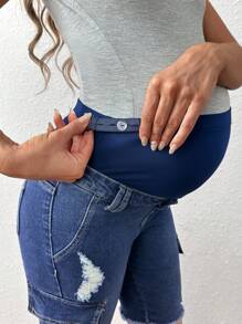 SHEIN Maternity Adjustable Waist Ripped Cargo Denim Shorts - Dark Wash - View 5
