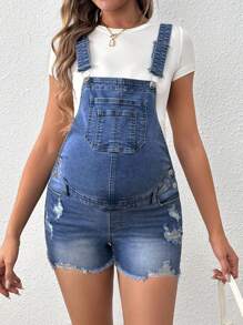 SHEIN Maternity Frayed Ripped Denim Overalls Shorts - Medium Wash - View 4