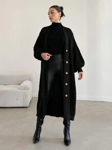 EURMUSE Ladies' Solid Color Lantern Sleeve Cardigan - Black - View 4
