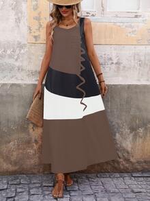 EMERY ROSE Color Block Sleeveless A-Line Dress With Hidden Pockets - Mocha Brown - View 3