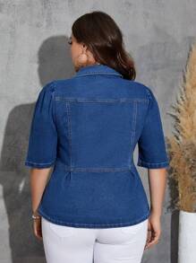 SHEIN LUNE Kích thước lớn Thon gọn Đàn hồi Ngắn tay Áo khoác denim - Màu xanh lam - Xem 2