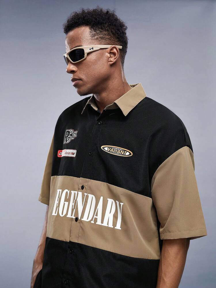 Loose Fit Men's Letter Pattern Colorblock Shirt