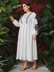 Mulvari Vestido De Talla Grande Bordado Con Detalle De Cuello Mandarín Anudado Y Mangas De Linterna