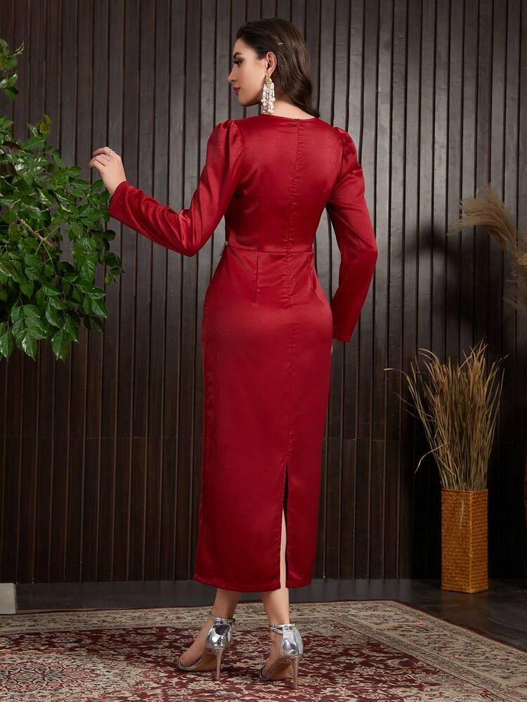 Burgundy Red Women's Fringe Decorated Balloon Sleeve Dress