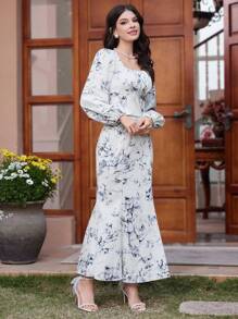 Modelyn 女性花卉印花燈籠袖上衣和人魚裙擺兩件套裝 - 藍色 - 查看 5