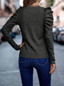 EMERY ROSE Tay áo Chi tiết Nút Áo thun - Màu xám đen - Xem 2