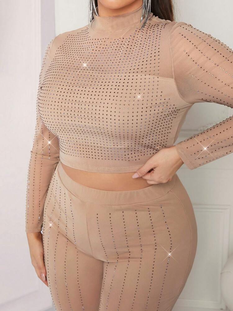 Plus Size Embroidery & Rhinestone Decor Mesh Two Piece Set See-Through Mesh Crop Top With Hot Drilling Spring Summer Women Clothes Bachelorette Party Spring Break Birthday Outfit Sexy Outfits