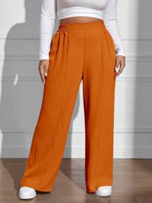 SHEIN EZwear 大尺碼女款純色百褶長褲 - 棕色 - 查看 5