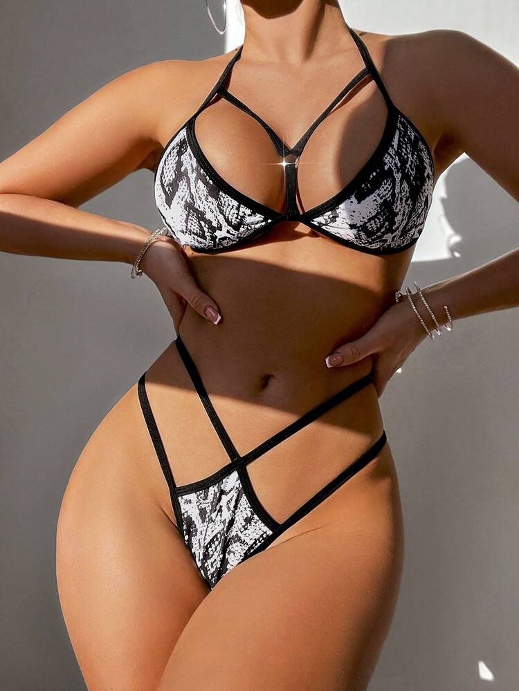 Women's Snake Skin Pattern Halter Bikini Set Summer Beach