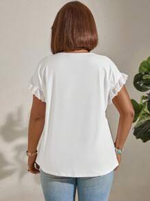 EMERY ROSE Plus Size Lace Decorated V-Neck Eyelet Ruffle Sleeve T-Shirt