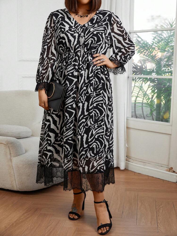 Plus Size Women's Casual Patchwork Lace Sleeve Cuff Zebra Stripe Dress