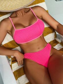 SHEIN Swim Women's Textured Fine Strap Bikini Set, Two-Piece Bikini Set Summer Beach - Hot Pink - View 1