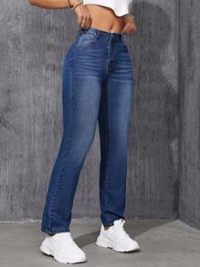 SHEIN EZwear Jeans De Pierna Recta Lavados Para Mujer