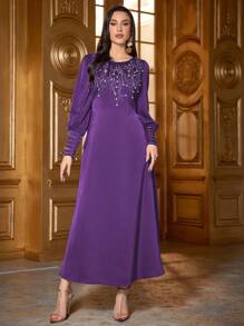 Women's Solid Color Round Neck Elegant Long Sleeve Maxi Arabic Dress With Rhinestone, Pearl Beading, Waist Tie Design, Soft & Comfortable, Suitable For Festivals, Daily Wear, Casual - Purple - View 1