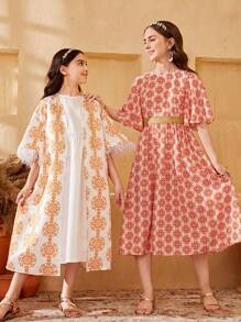 SHEIN Leap Crew Tween Girls' Loose-Fit Vintage Printed Dress Set (2pcs) - Multicolor - View 1