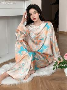 DAZY Chinese Style Contrast Piping Printed Pajama Set - Orange - View 3