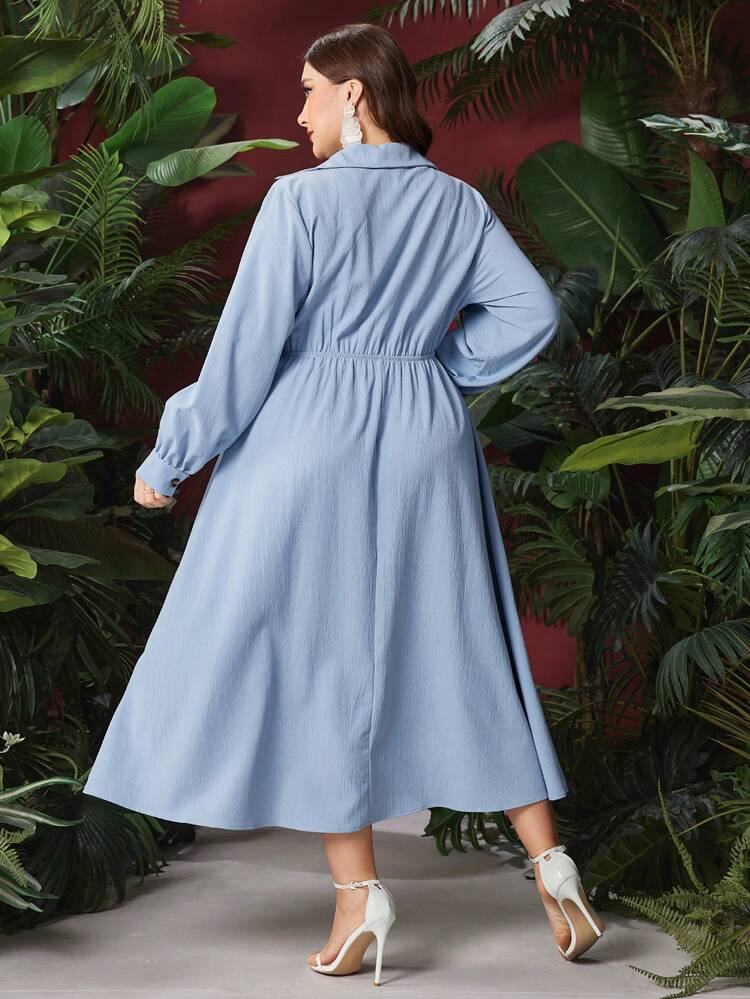 Plus Size Women's Lantern Sleeve Dress With Fold Over Collar