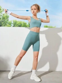 SHEIN Teen Girl Solid Color Tank Top & Shorts Fitness Peach Buttock Outdoor Sport Suit