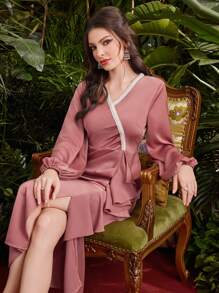 Modelyn Women's Patchwork Ruffle Hem Lantern Sleeve Dress Fall Cloth For Women - Pink - View 3