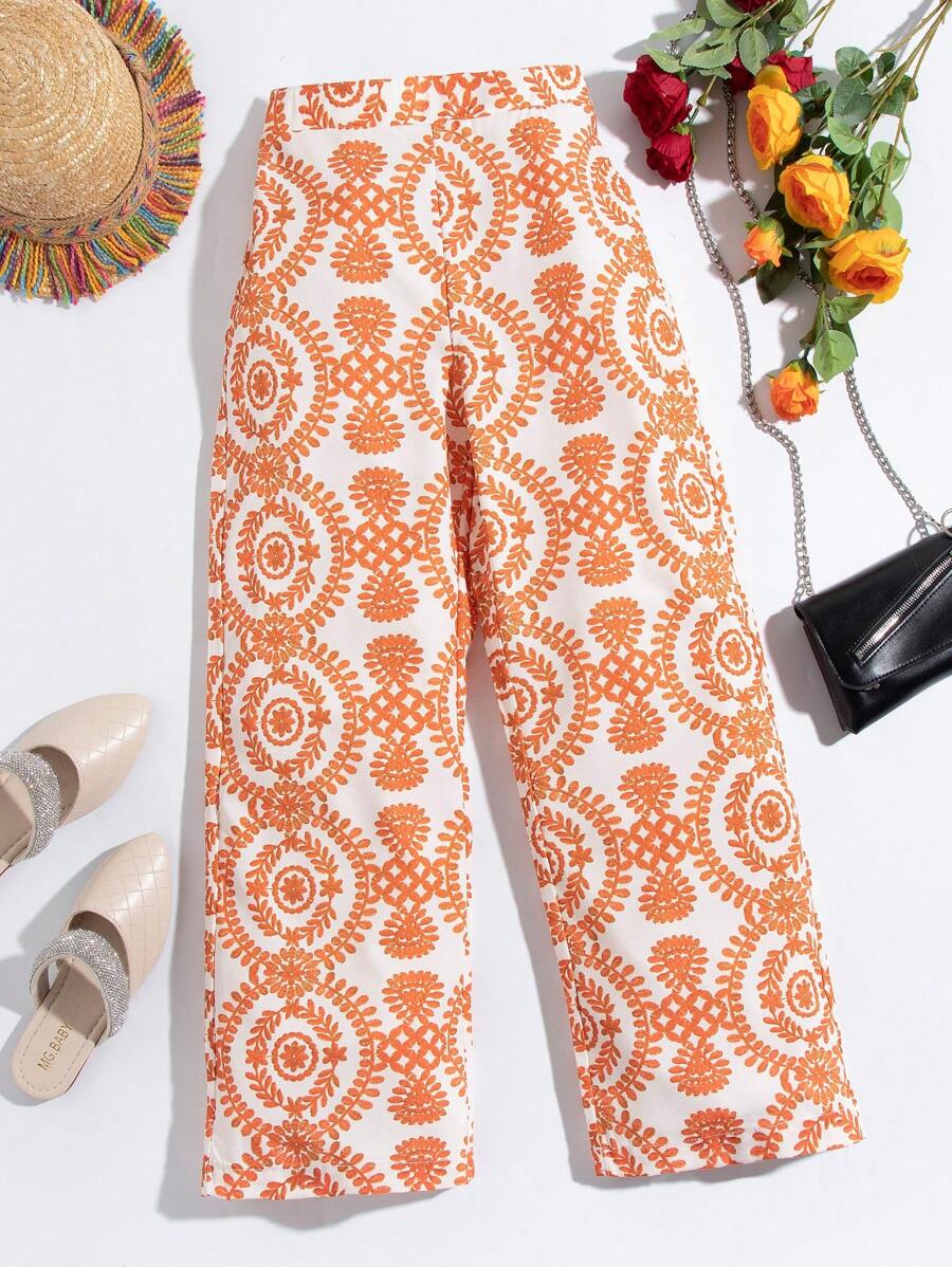 SHEIN Holiday,Summer,TravelTween Girl Casual Wide-Leg Holiday Pants With Fresh Prints, Loose And Comfortable, Suitable For Vacation Travel