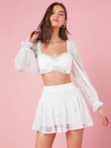 Enchnt Kurz Geschnittenes Damen-set Aus Oberteil Und Rock Mit Rüschenbesatz