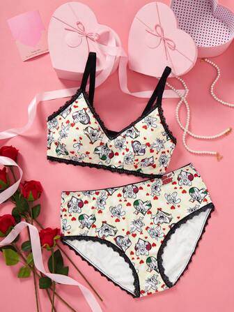 TOM & JERRY X SHEIN 大码可爱杰瑞卡通舒适蕾丝内衣文胸和内裤套装