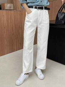 DAZY Women's Classic Solid Color Denim Pants With Slanted Pockets, No Belt Women Jeans - White - View 3