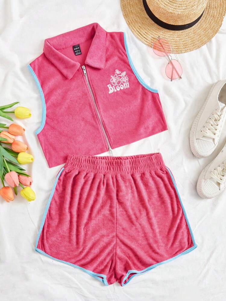 Women's Short Sleeve Crop Top With Letter And Flower Embroidery, Contrast Trim Elastic Waist Shorts Two Piece Set