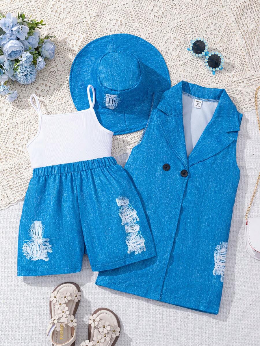 SHEIN Young Girl's Four-Piece Set With Denim Effect: Knitted White Tank Top, Hat, Vest, Shorts