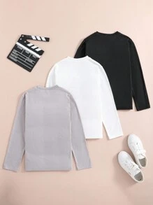 SHEIN 3pcs/Set Tween Boy's Casual Basic Alphabet Patch Design Multicolor T-Shirts, For Layering, School, Campus, College Chic Outfits For Autumn/Winter - Grey - View 2