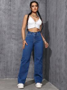 SHEIN ICON Women's Mid-Rise Straight Leg Denim Jeans - Dark Wash - View 5