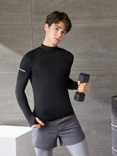 SHEIN Tonårspojkar Fitness Löpning Cykling Reflextryck Svart Långärmad T-shirt, Sport Träningskläder