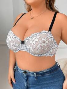 Plus Size Lace Bra With Underwire And Scalloped Edges, 1pc Lingerie - Black and White - View 5