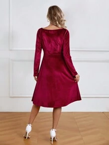 SHEIN Maternity Wine Red Velvet Dress - Burgundy - View 2