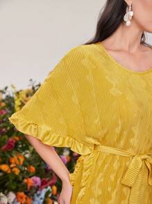 Modelyn Women's Solid Color Textured Ruffle Hem Batwing Sleeve Dress Long Evening Dresses - Yellow - View 2