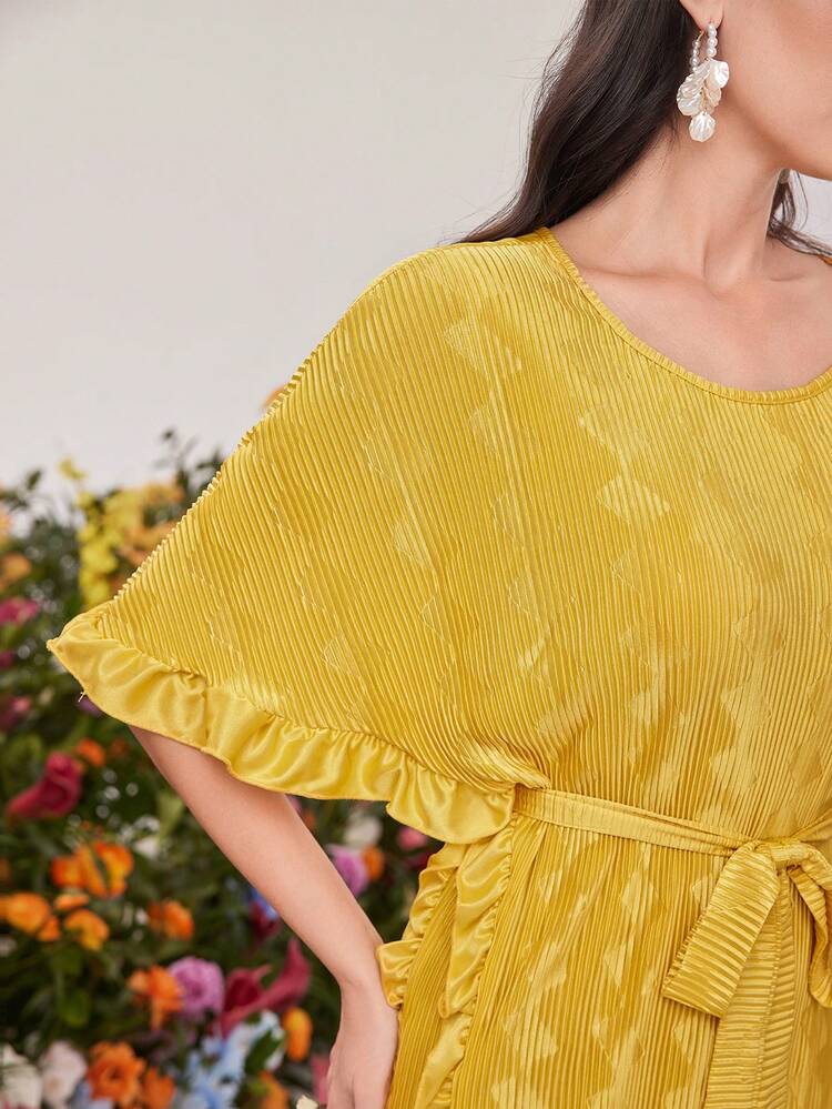 Women's Solid Color Textured Ruffle Hem Batwing Sleeve Dress Long Evening Dresses
