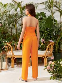 少女优雅吊带褶皱上衣和阔腿裤两件套 - 橘色 - 查看 2
