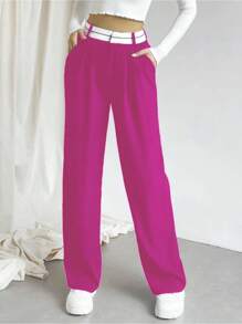 SHEIN Unity Women's Contrast Waist Straight Leg Suit Pants - Rose Red - View 3