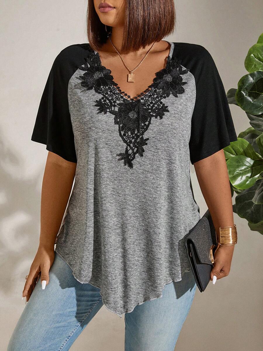 Momelise Damen Große Größen Spitze-Einsatz Farbblock T-Shirt, grafisches Damenshirt für den Sommer