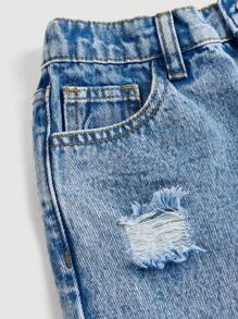 SHEIN Girlism Tween Girls' Washed Casual Fashionable Distressed Stretchy Waist Comfortable Denim Pants