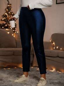 SHEIN LUNE Plus Size High Waist Bodycon Pants - Navy Blue - View 5